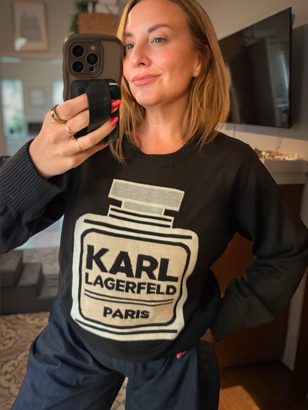 Karl Lagerfeld Black Sweater with Cream & Tan metallic Perfume-Bottle Graphic